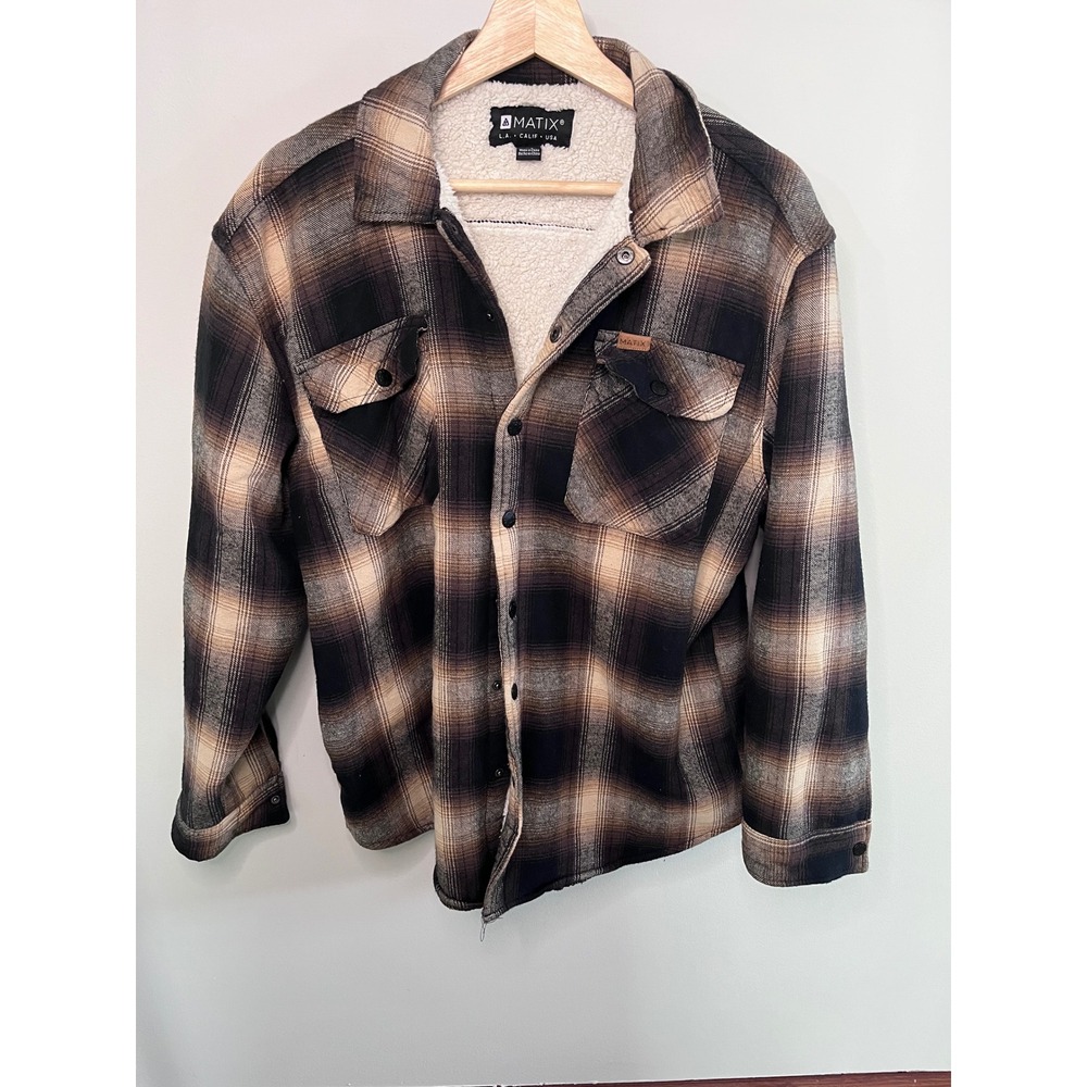Matix Mens Brown Black Plaid Sherpa Lined Flannel Shirt Jacket Size Large